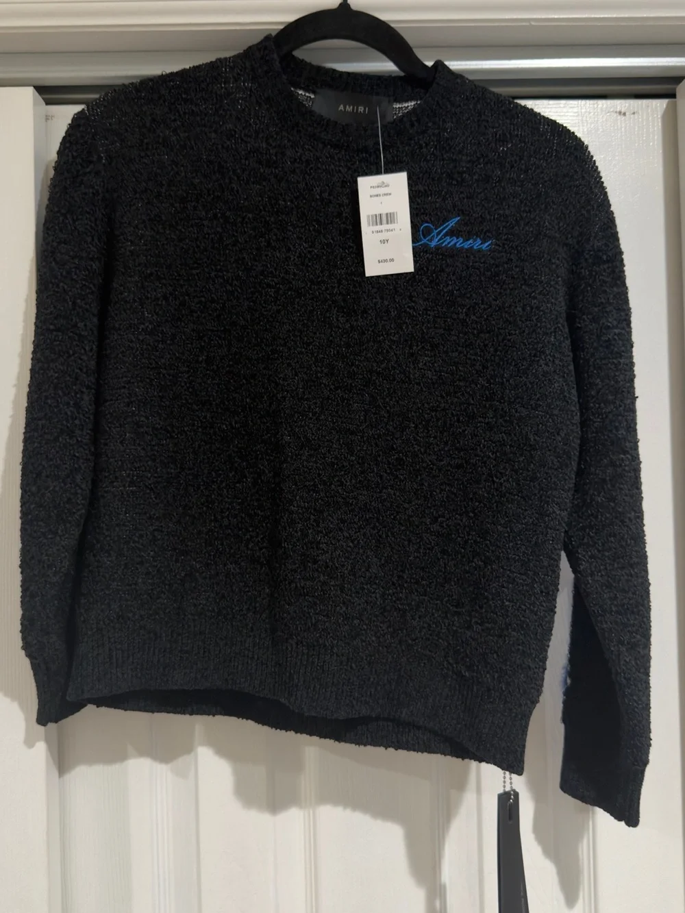 AMIRI Black Crewneck Sweater with Blue Sleeve Accents